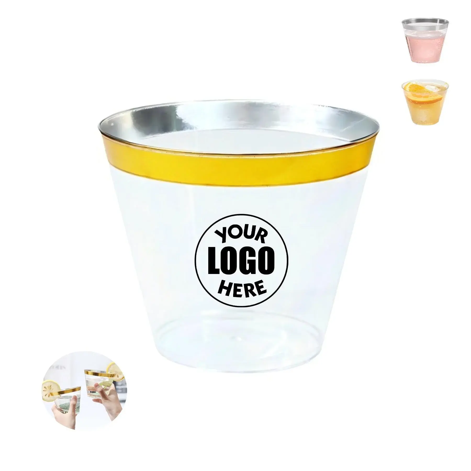 Gold And Silver Rim Transparent Plastic Party Cup
