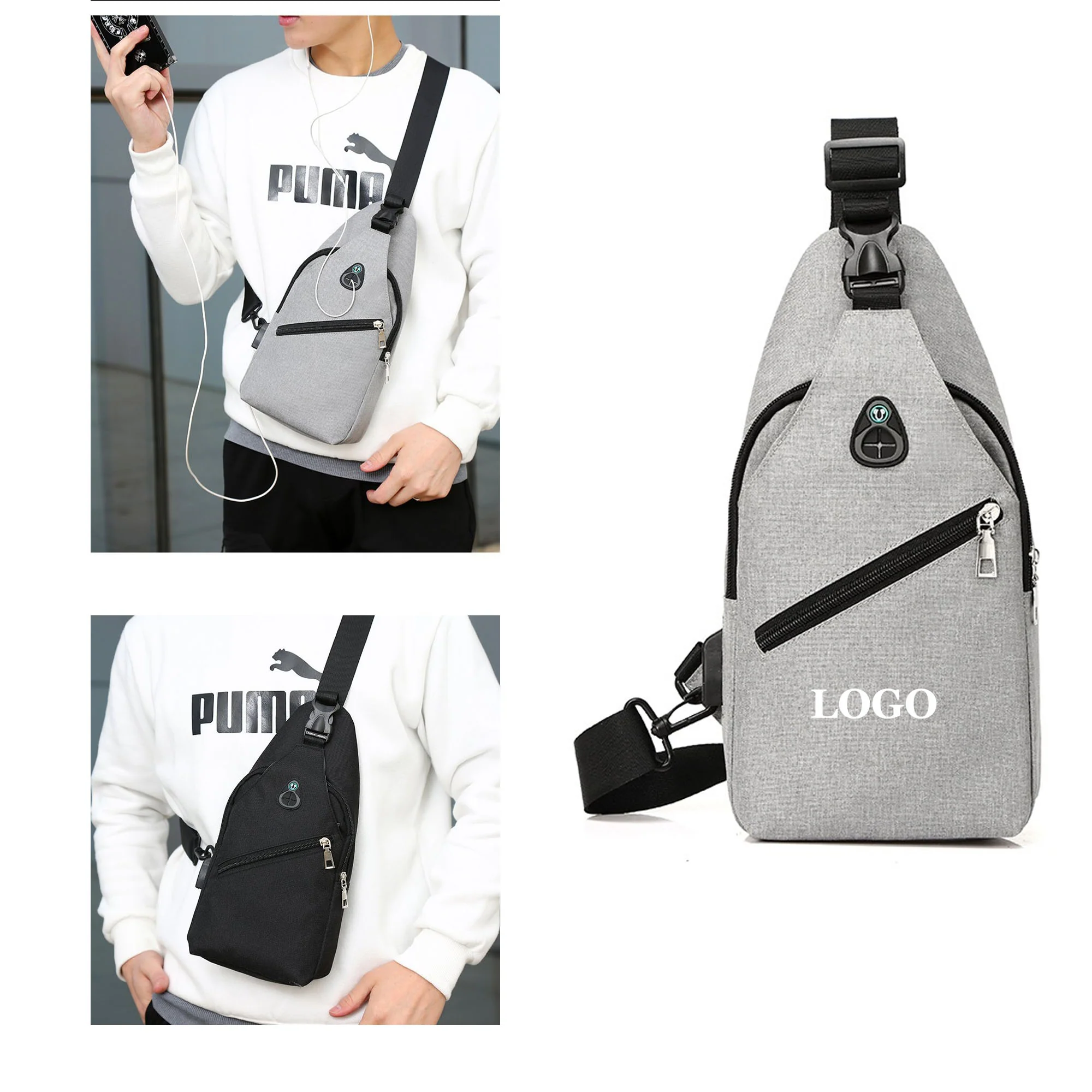 Men'S Oxford Sling Bag With Usb Charging Port
