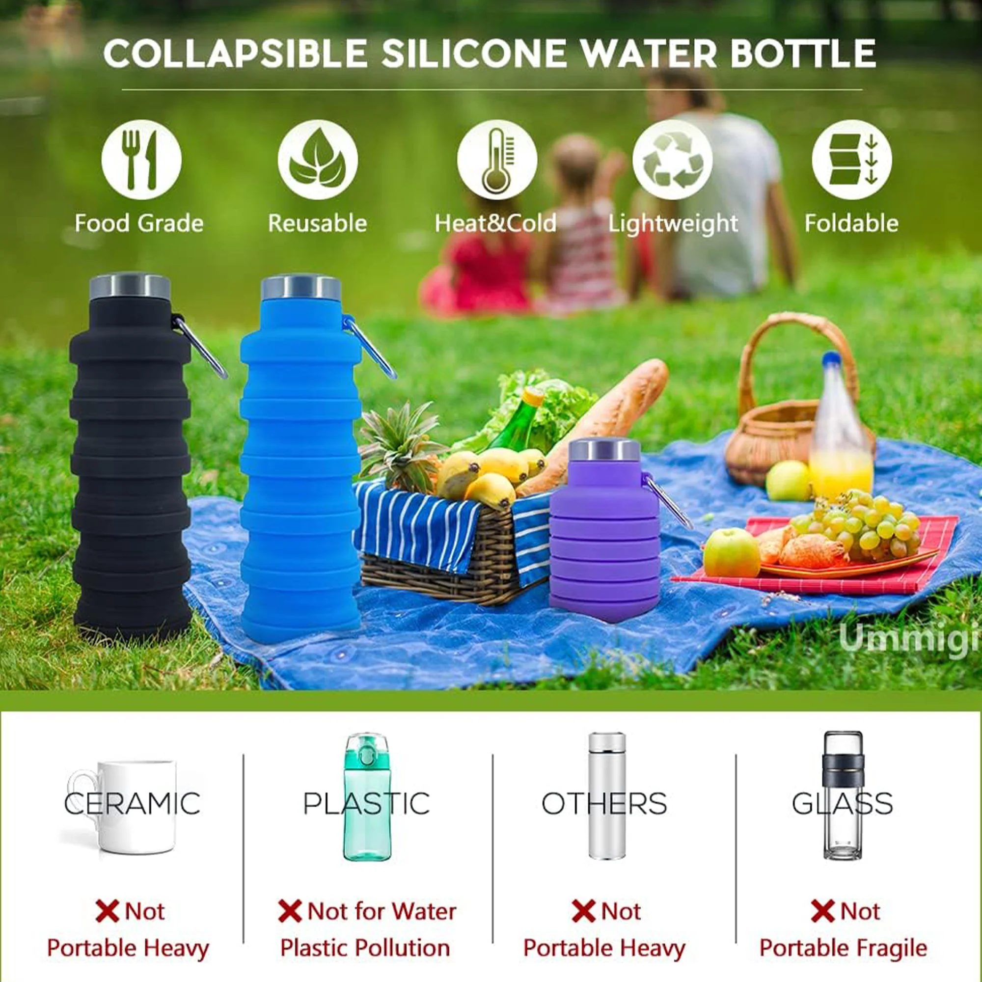 17Oz Collapsible Silicone Water Bottle With Carabiner