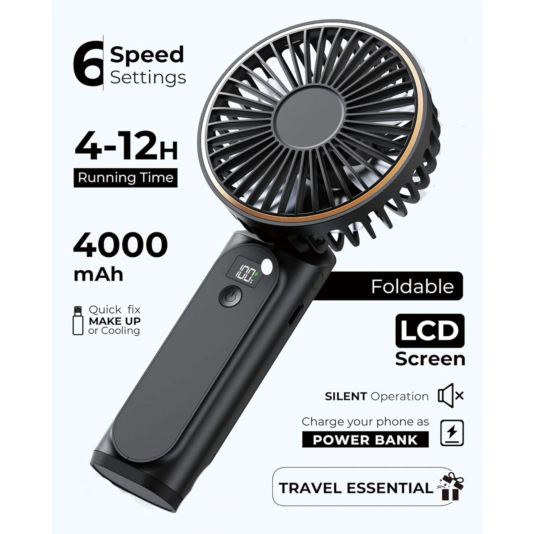 Ultra Quiet 6 Speed Portable Rechargeable Handheld Fan