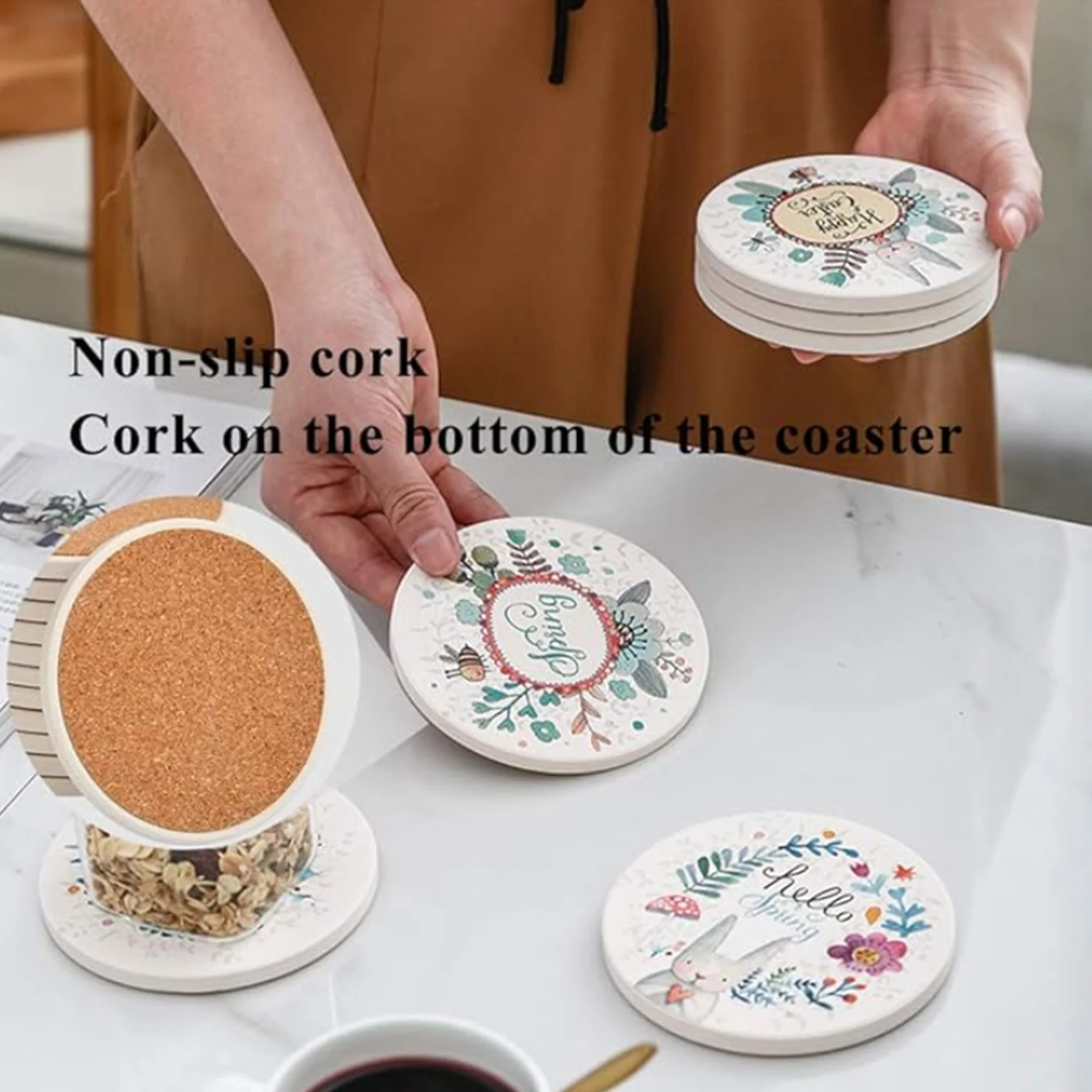 4" Ceramics Absorbent Coaster with Cork Base
