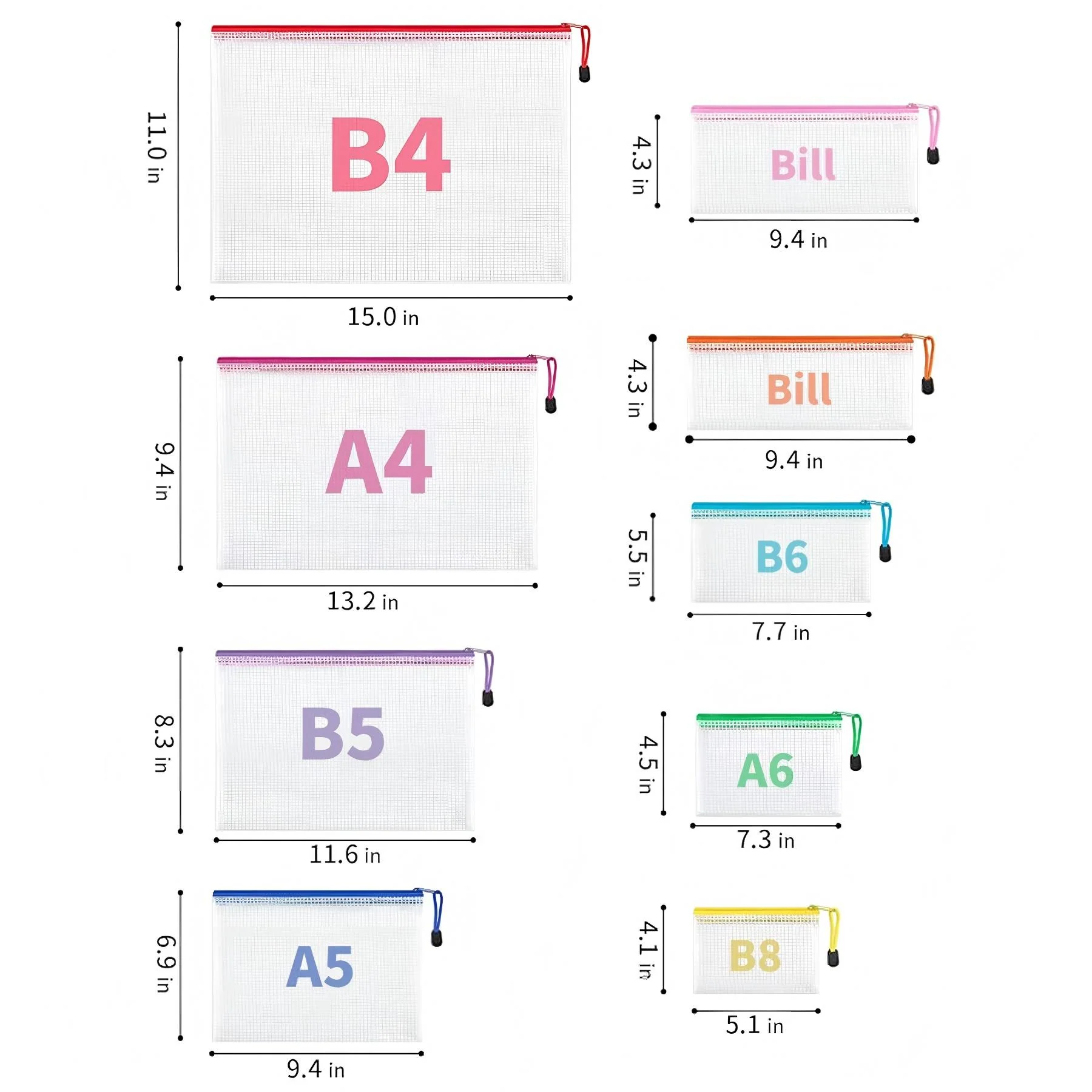9-Pack Waterproof Zipper Document Bag Set In 8 Sizes