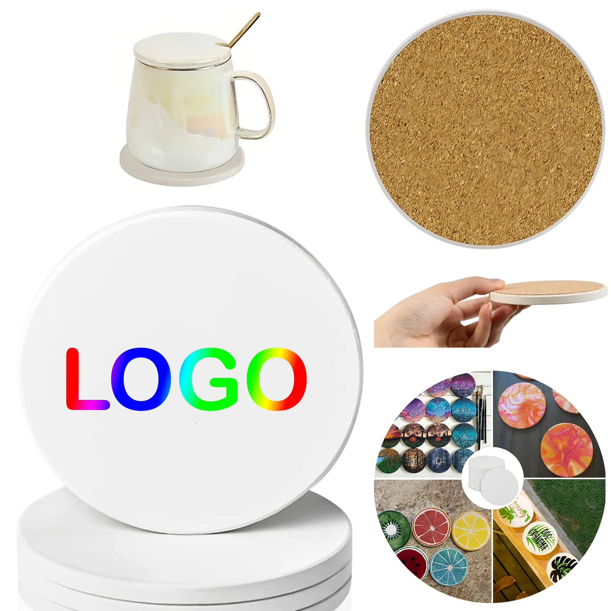4" Ceramics Absorbent Coaster with Cork Base