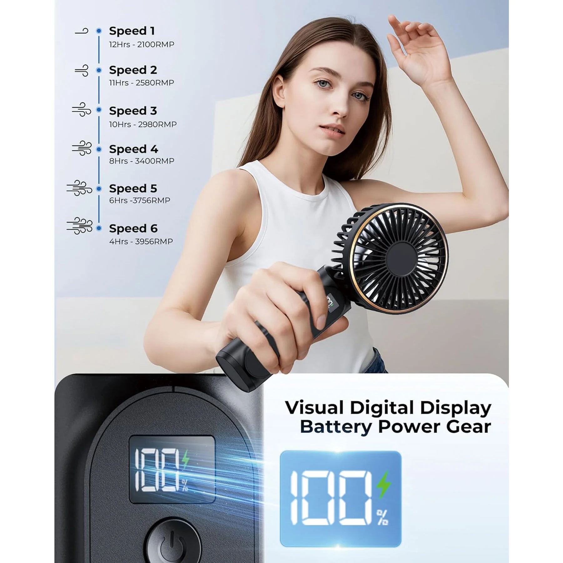 Ultra Quiet 6 Speed Portable Rechargeable Handheld Fan