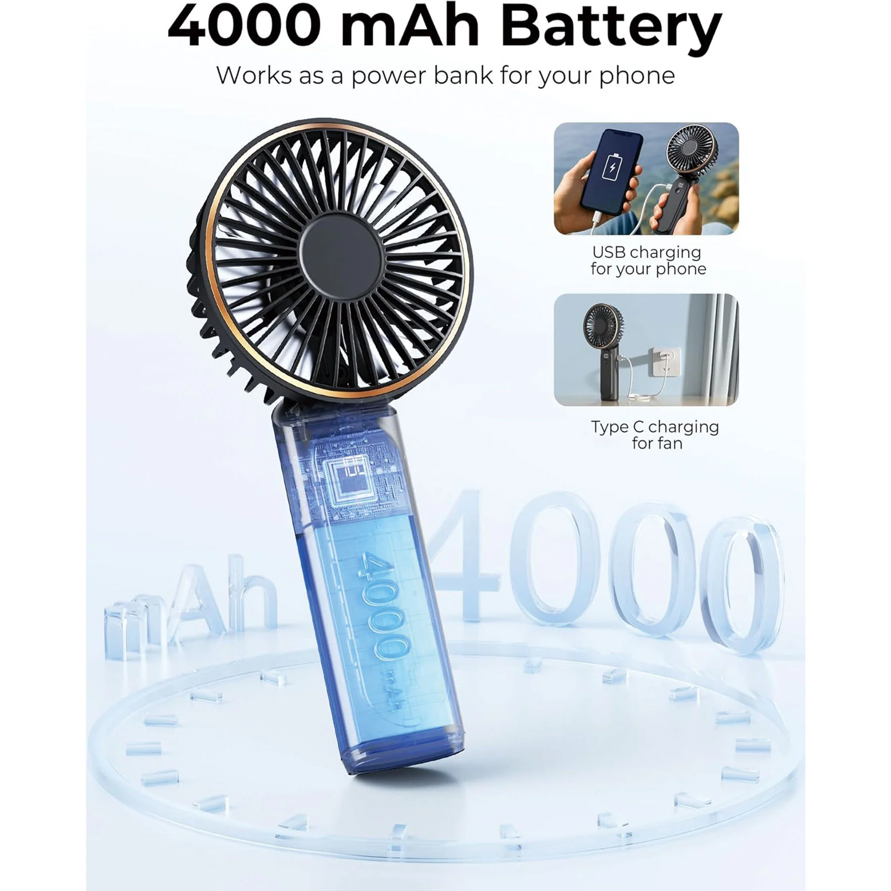 Ultra Quiet 6 Speed Portable Rechargeable Handheld Fan