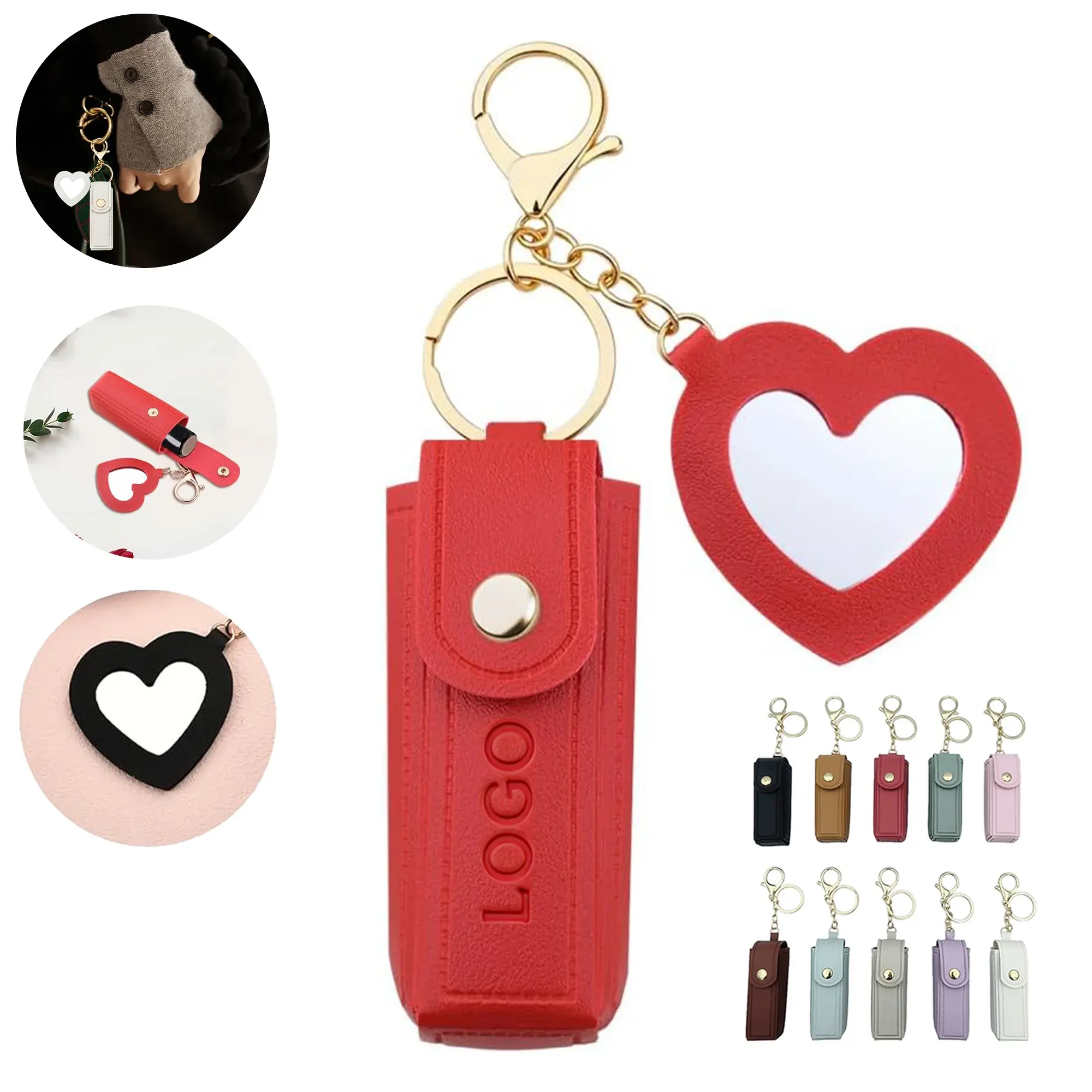 Leather Lipstick Holder Keychain With Mirror
