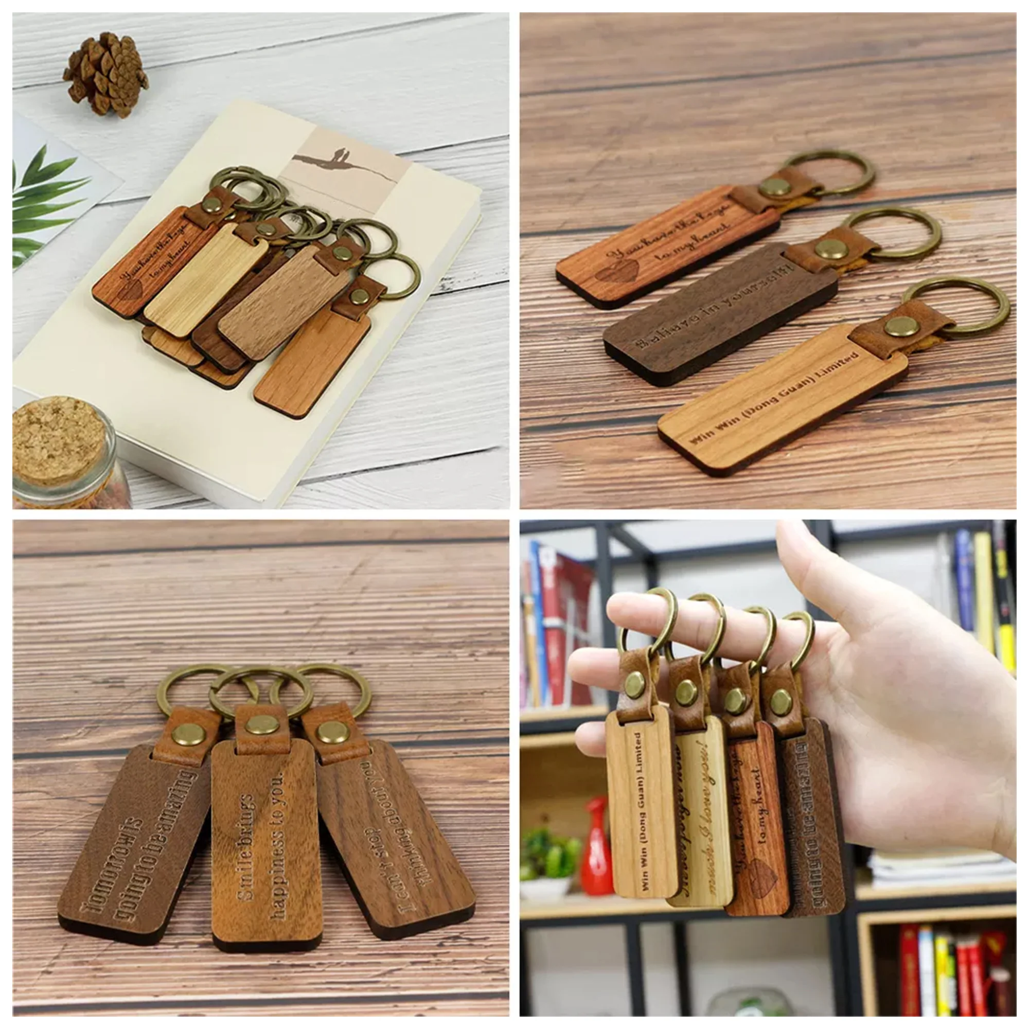 Wood Keychain with Leather Strap