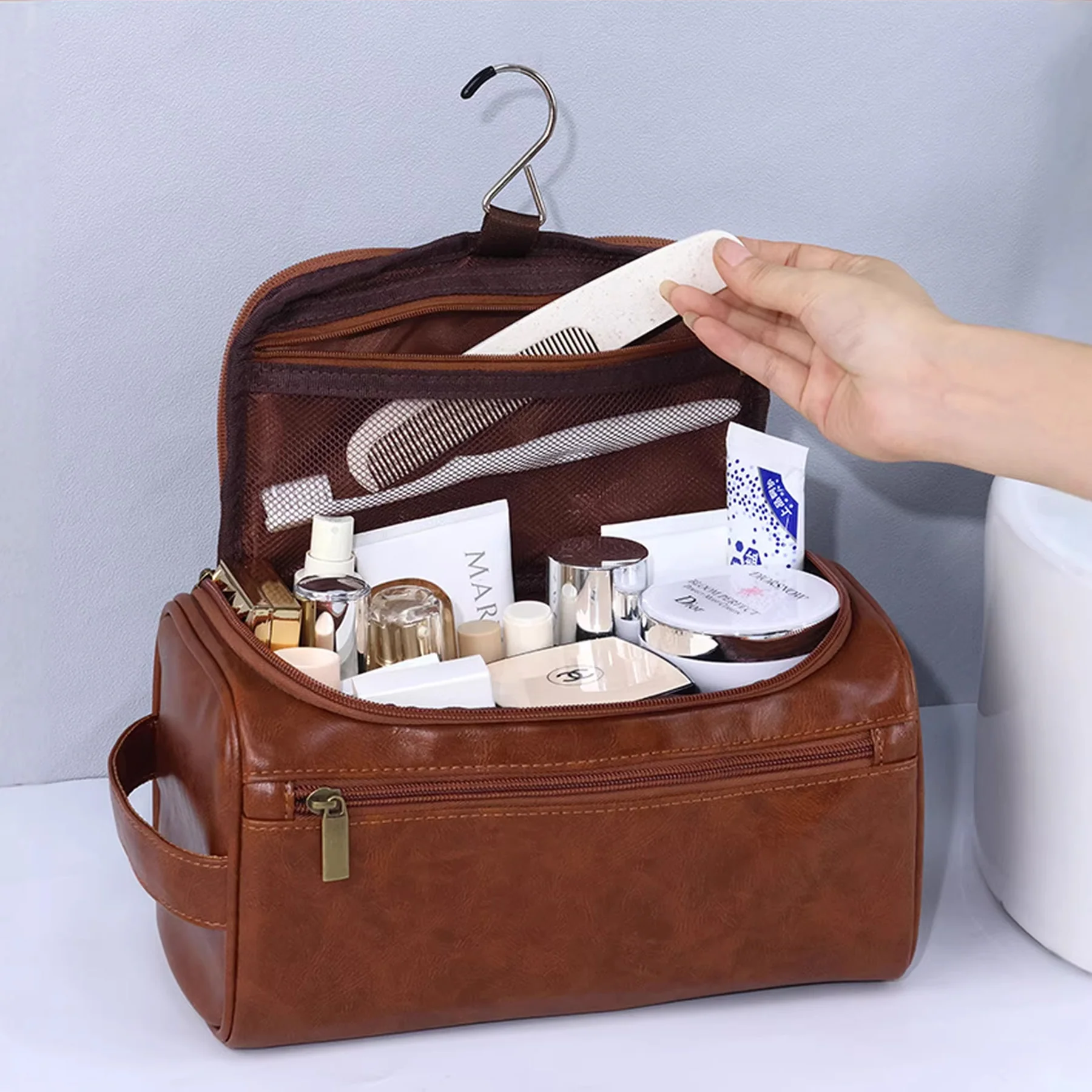 PU Leather Hanging Travel Shaving & Grooming Kit Bag