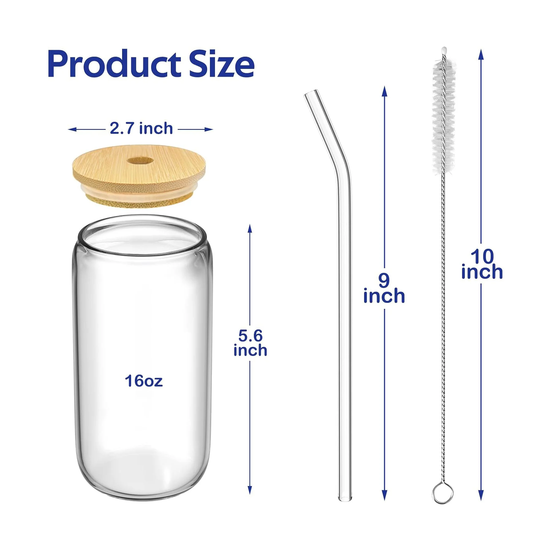 16Oz Glass Coffee Cup With Bamboo Lids Straws And Brushes