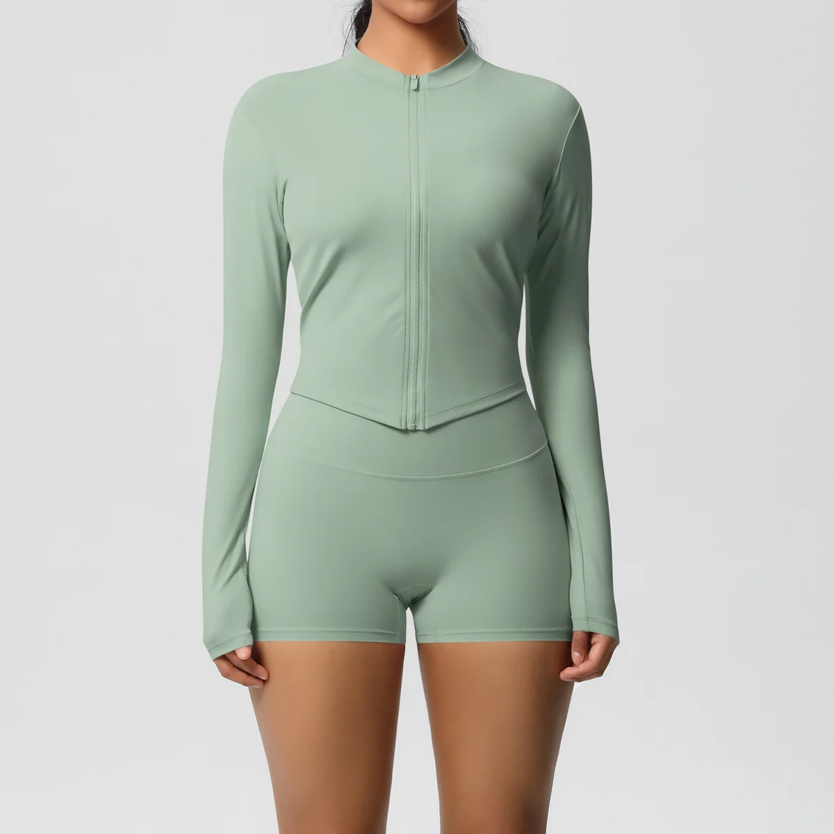 Zip-Up Yoga Jacket with Thumb Holes and Shorts