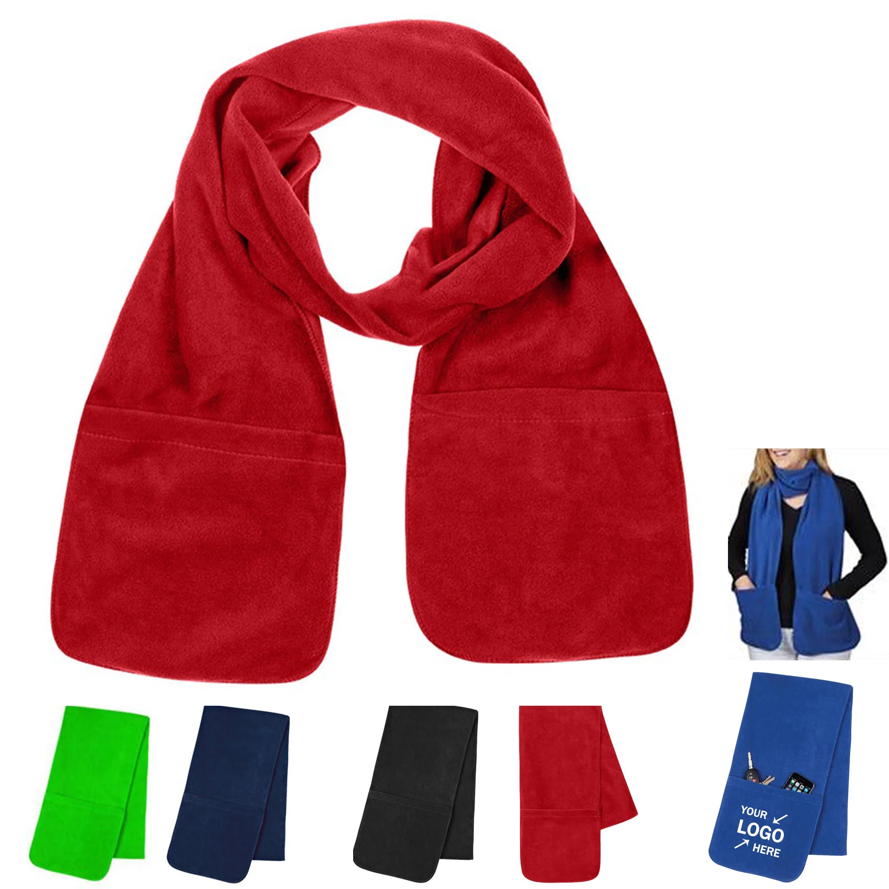 Classic Men Women Warm Fleece Scarf with Pockets