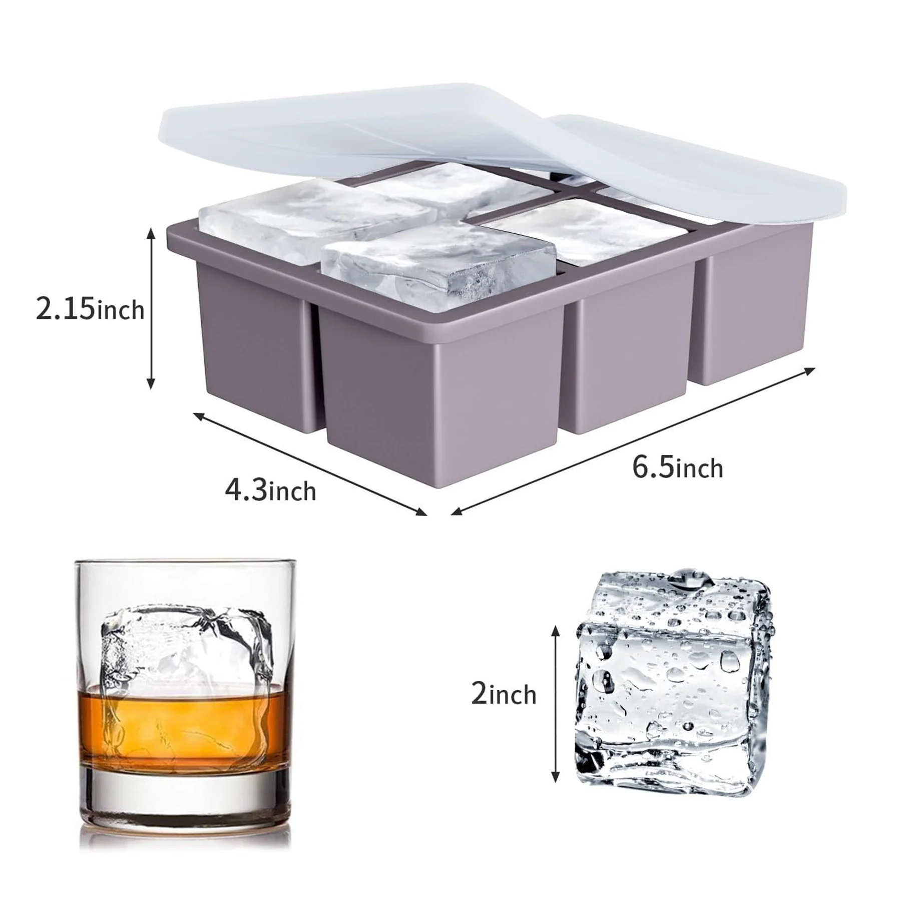 Food Grade Silicone Large Whiskey Ice Mold Tray With Lid