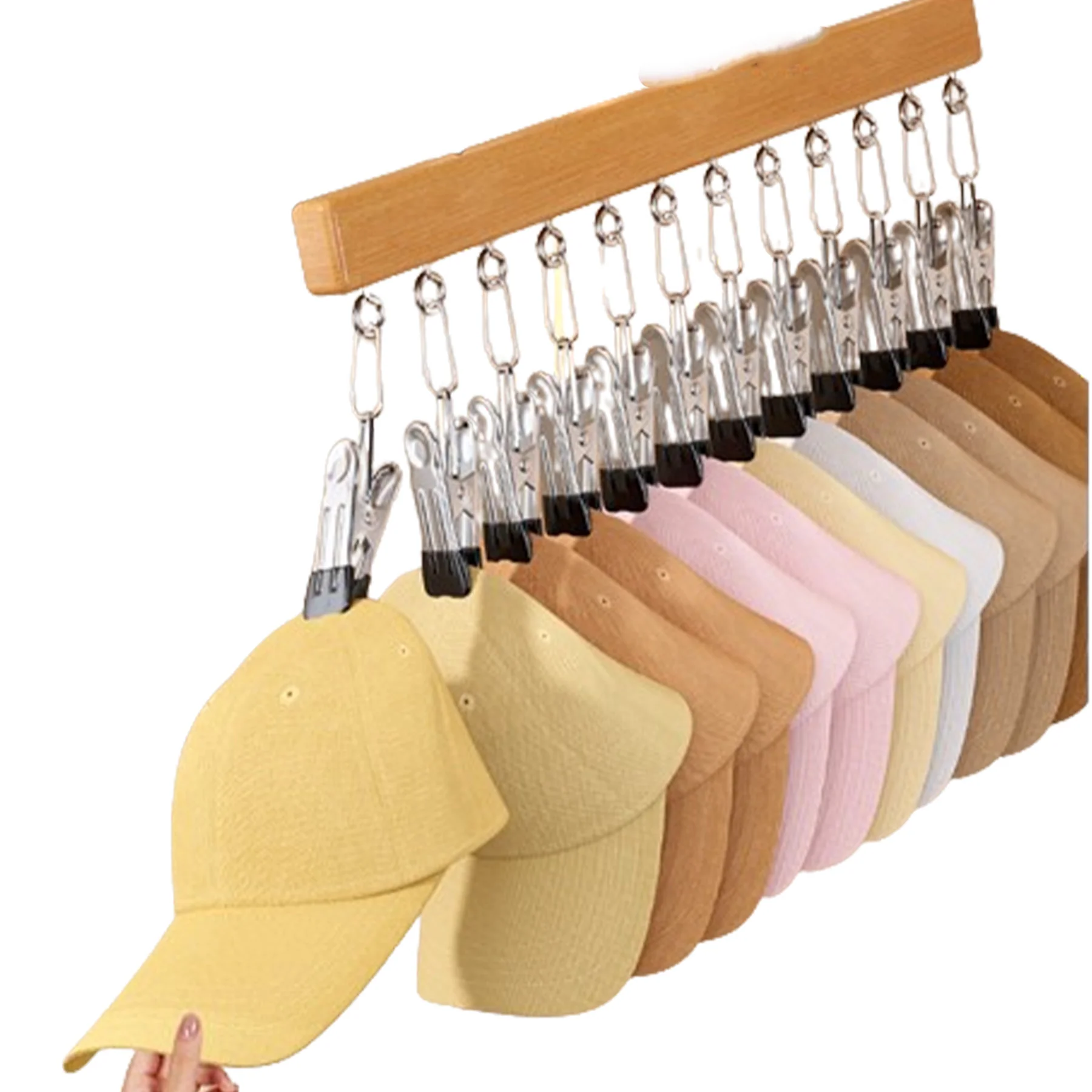 Wooden Cap Organizer Hanger With 12 Stainless Steel Clips