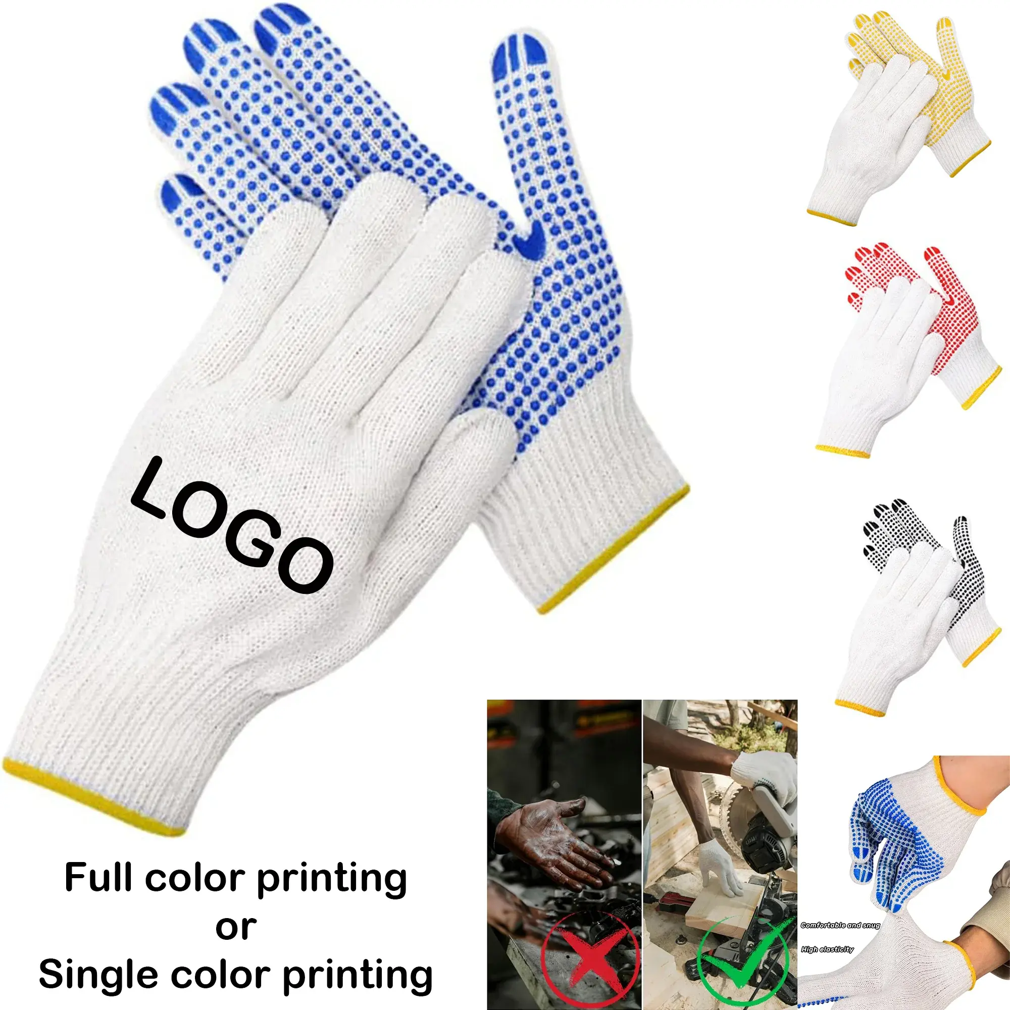 Cotton Work Gloves With Rubber Grip Dots