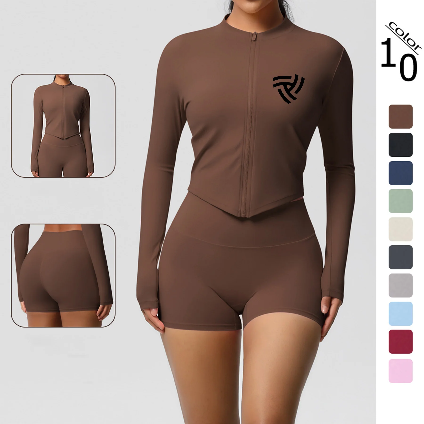 Zip-Up Yoga Jacket with Thumb Holes and Shorts