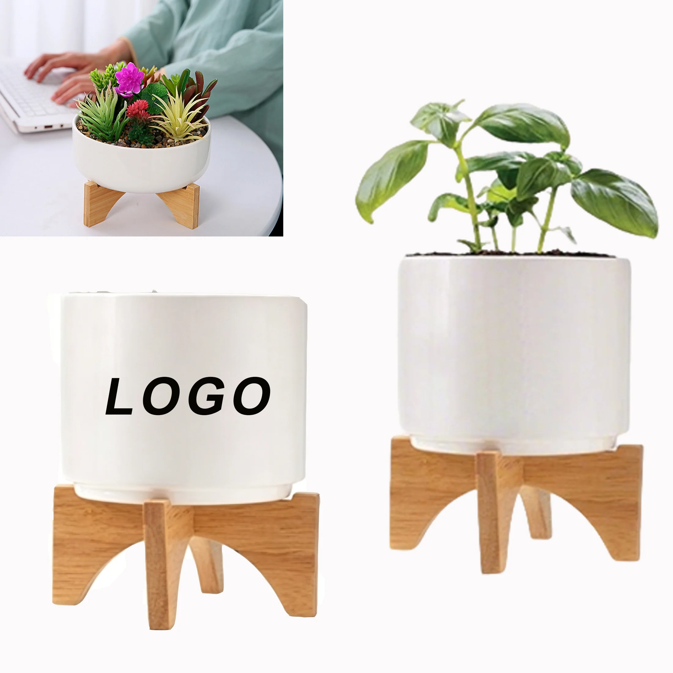 Mid Century Plant Pot With Wooden Stand Ceramic Planters