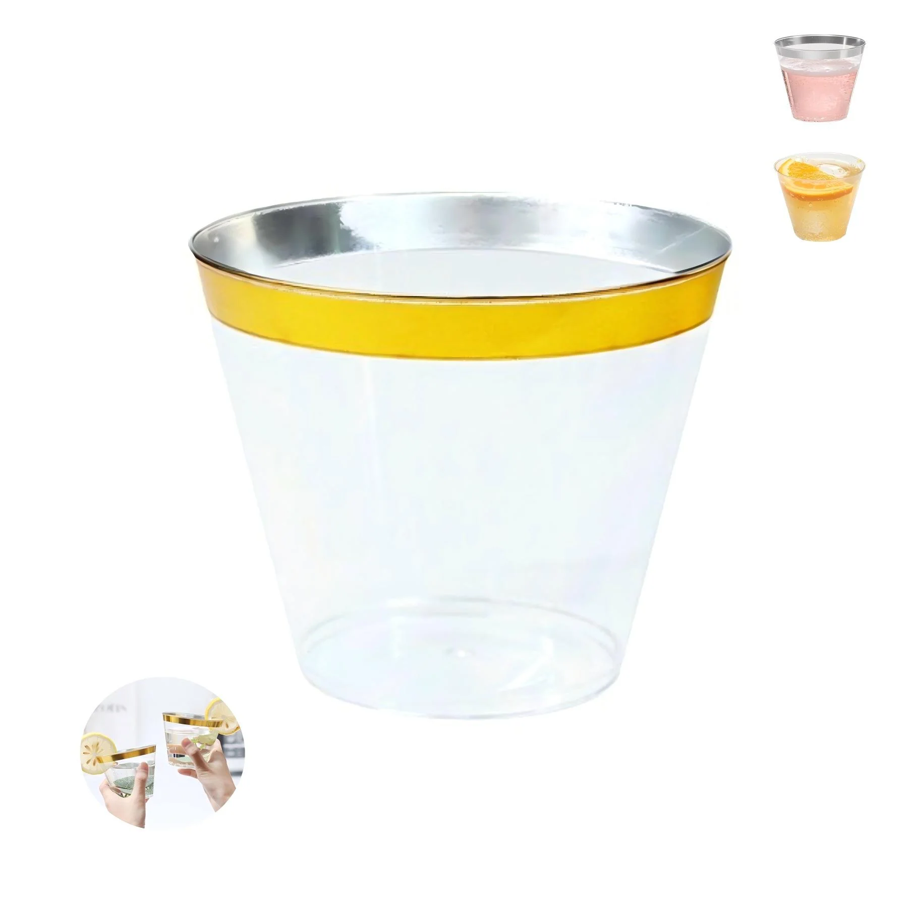 Gold And Silver Rim Transparent Plastic Party Cup