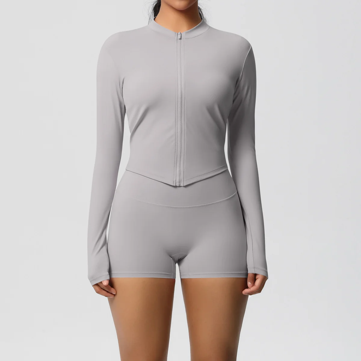 Zip-Up Yoga Jacket with Thumb Holes and Shorts