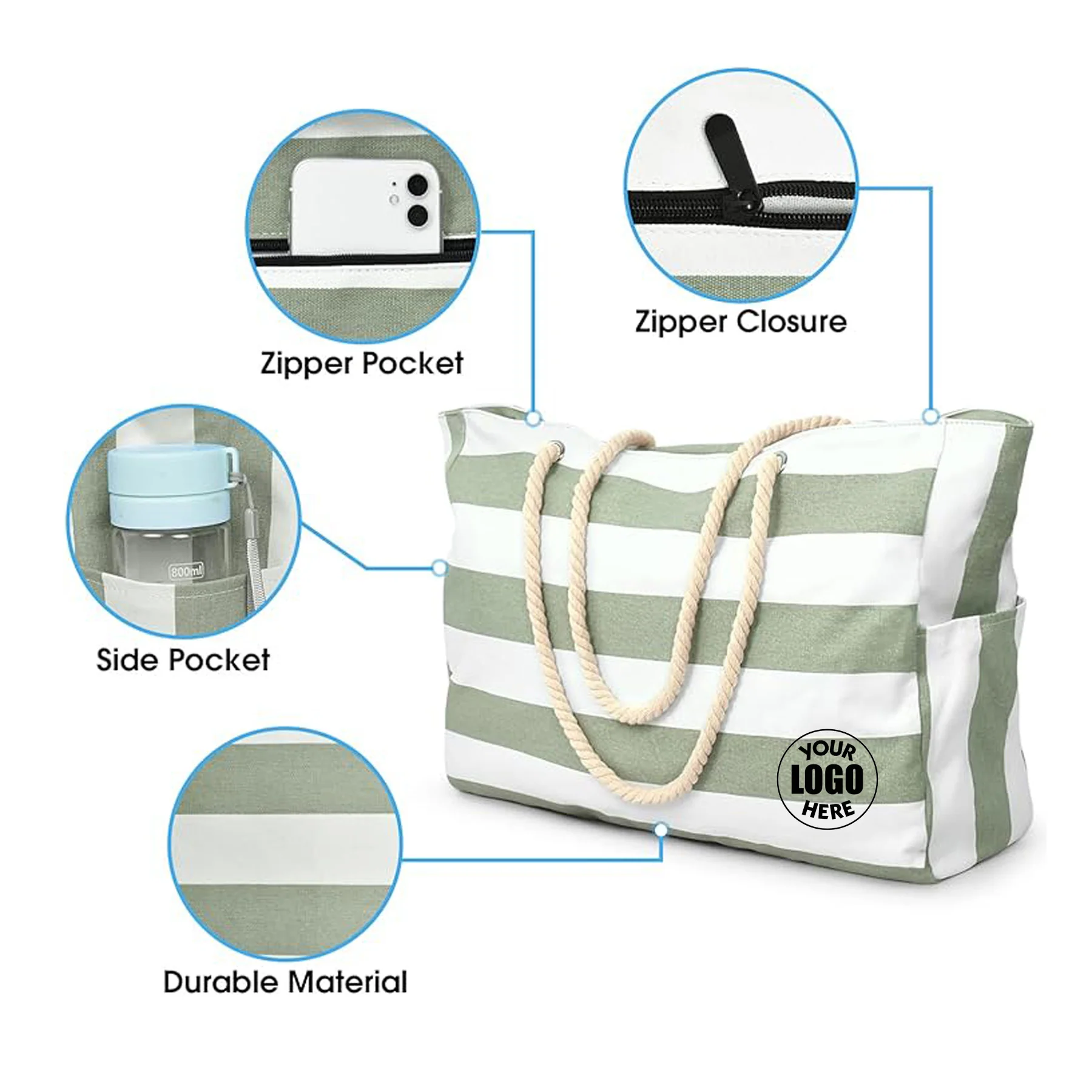 Large Waterproof Zipper Beach Tote