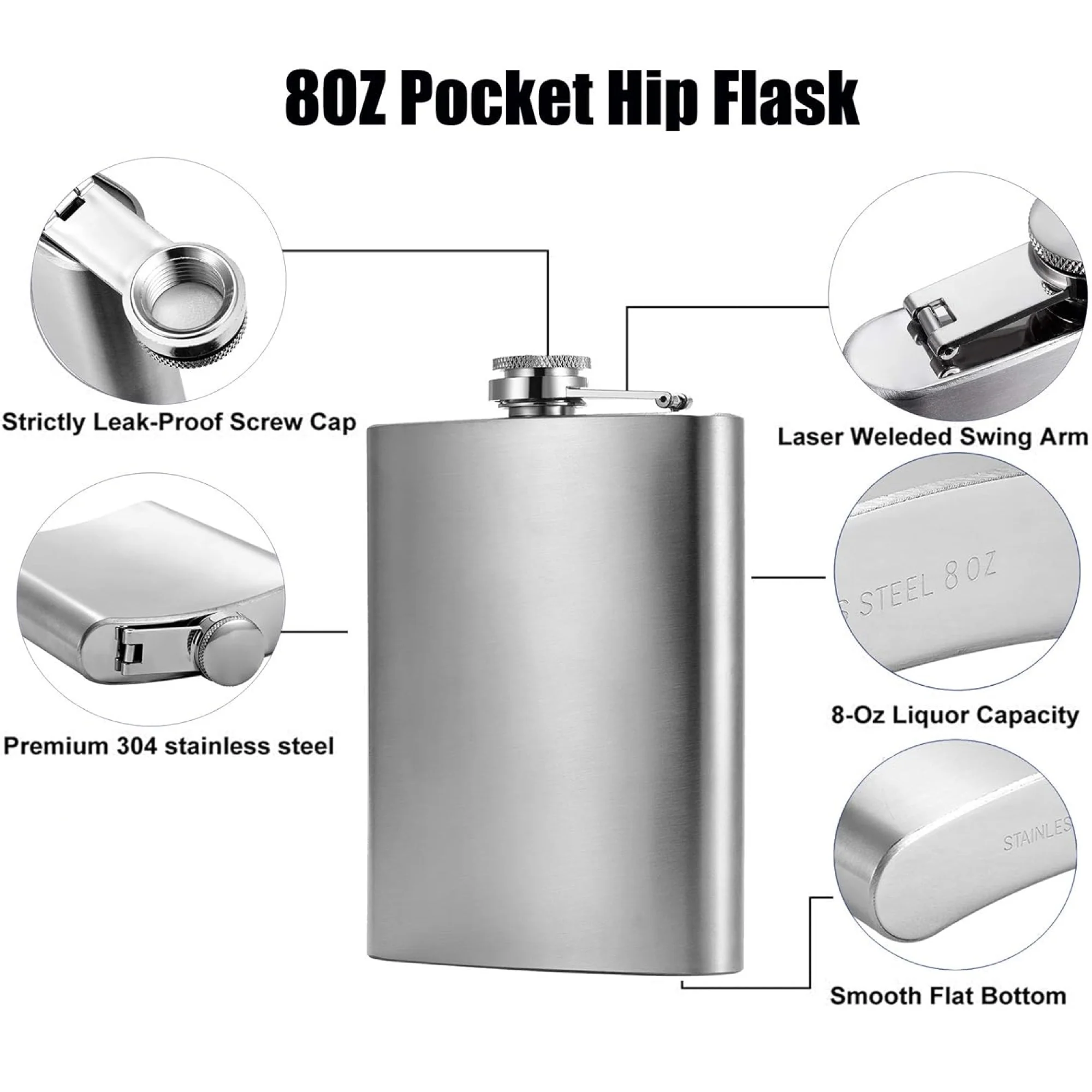 8 Oz Stainless Steel Flask Hip Flask W/ Hinged Cap