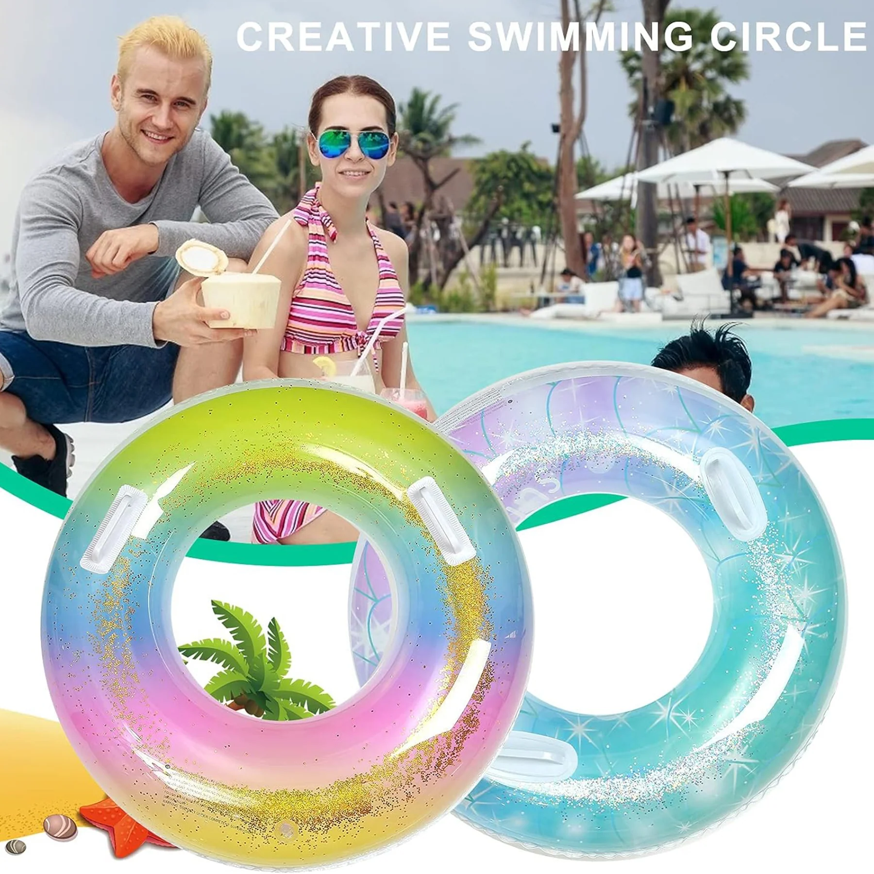 Sequined Rubber Inflatable Beach Pool Swim Ring With Handle