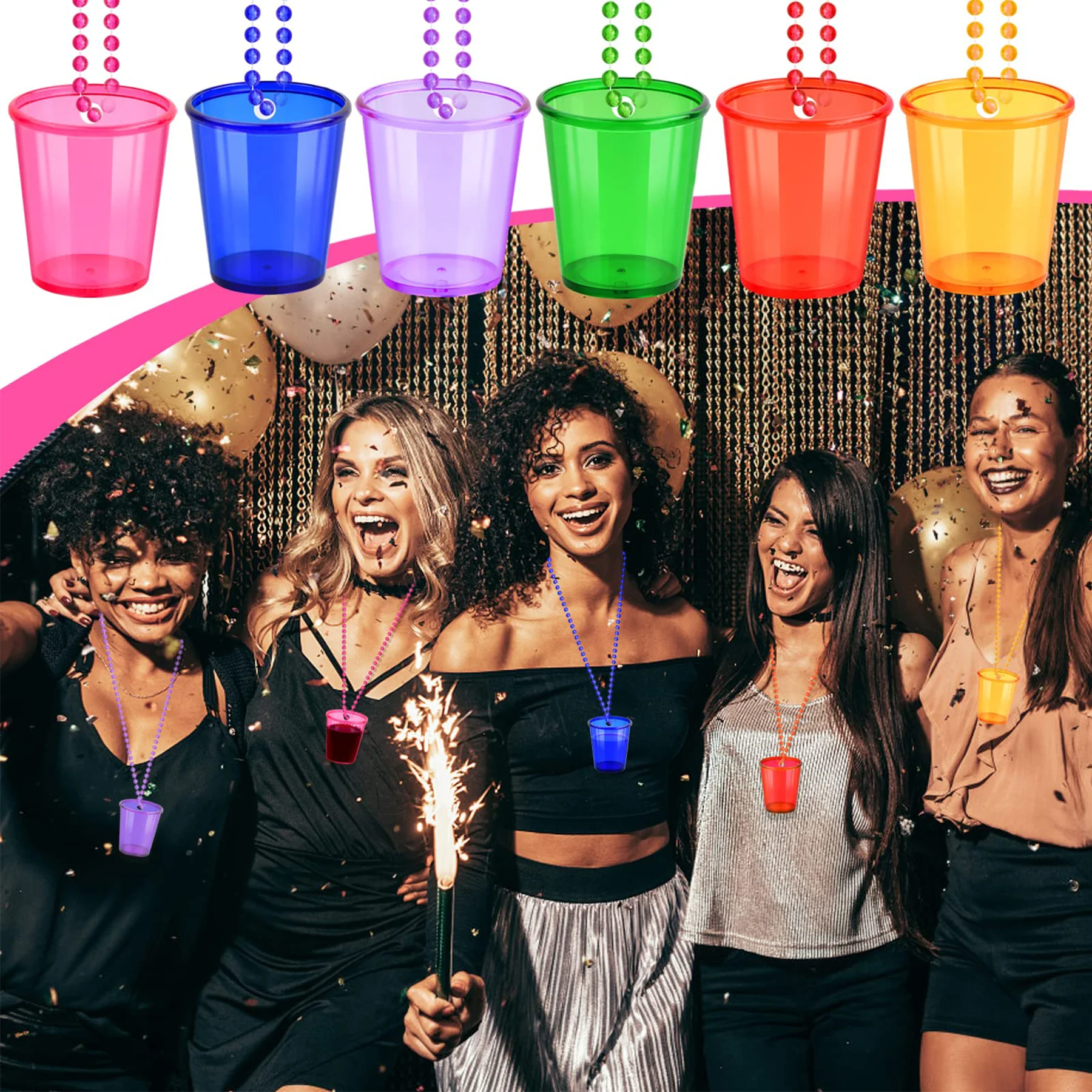 Plastic Birthday Party Shot Cups with Beaded Necklaces