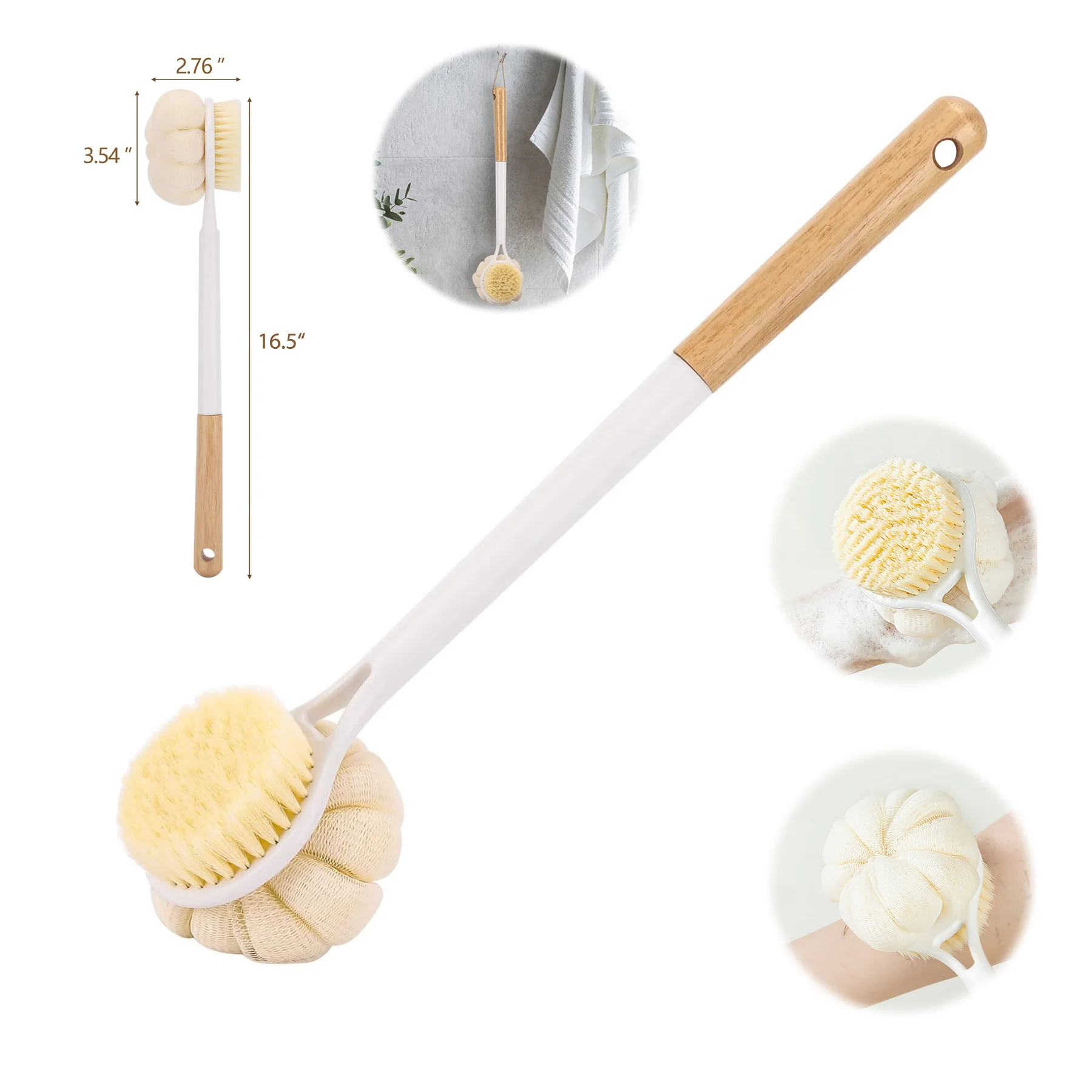 Double-Sided Soft Bristle Wooden Long-Handle Body Brush