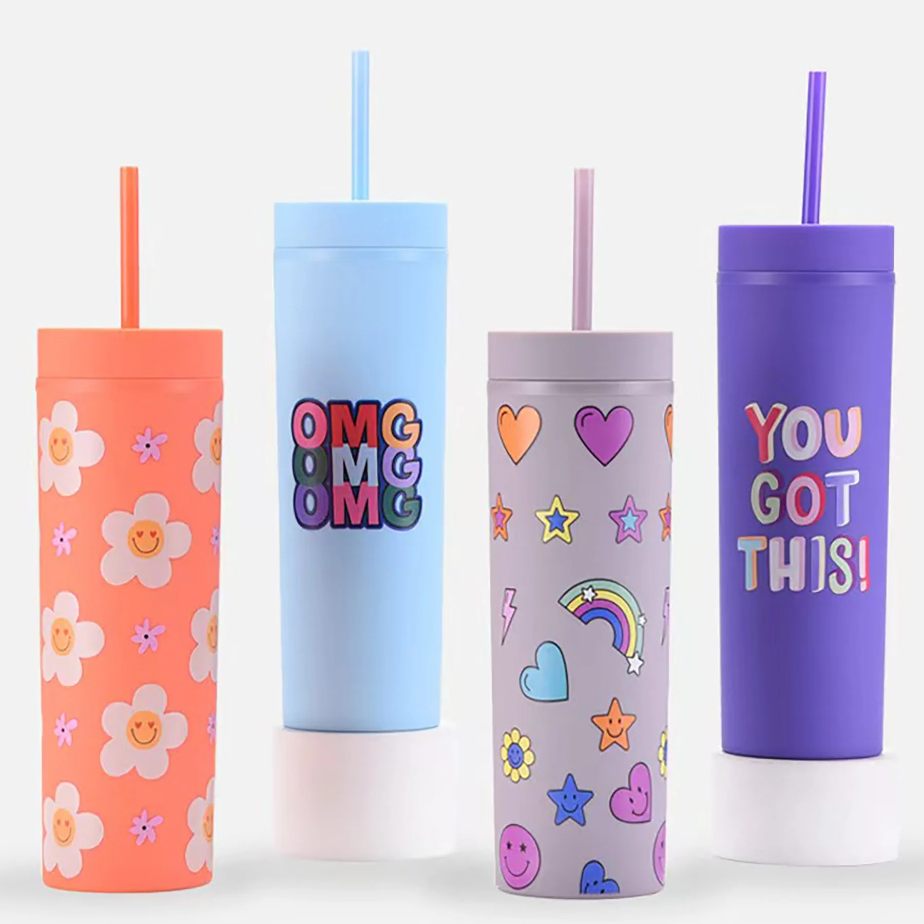 16Oz Skinny Double Wall Acrylic Tumblers With Straws