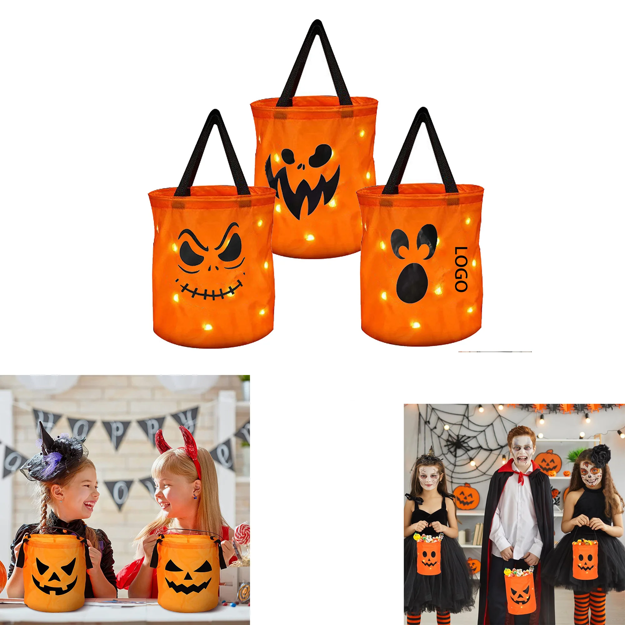 LED Light Orange Pumpkin Buckets