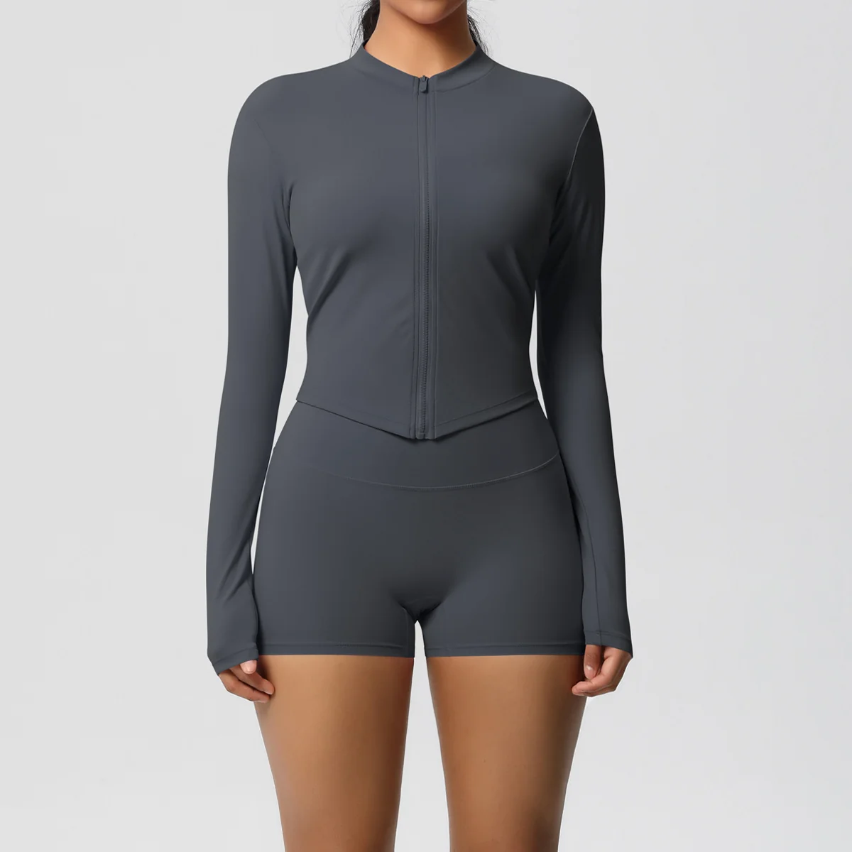 Zip-Up Yoga Jacket with Thumb Holes and Shorts