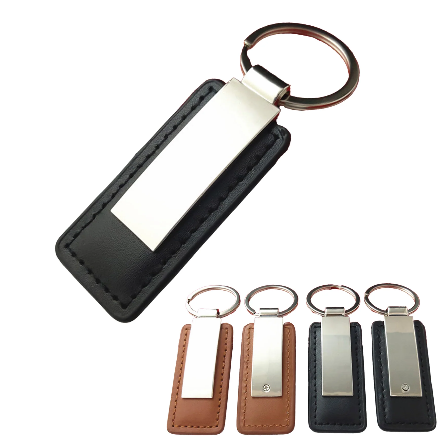 Rectangular Leather Keychain w/ Metal Plate