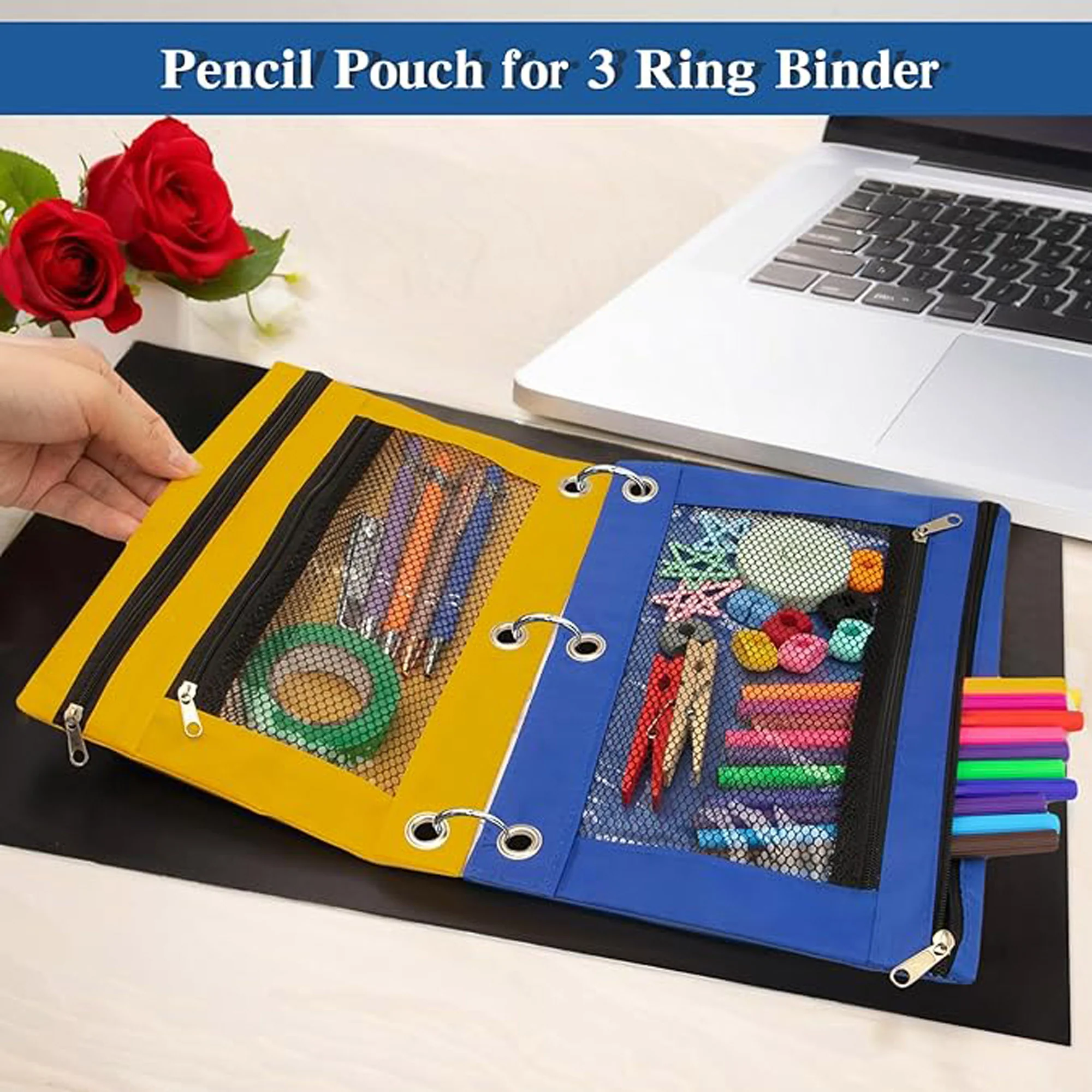 Zippered Double Pocket 3 Ring Binder Pencil Pouch