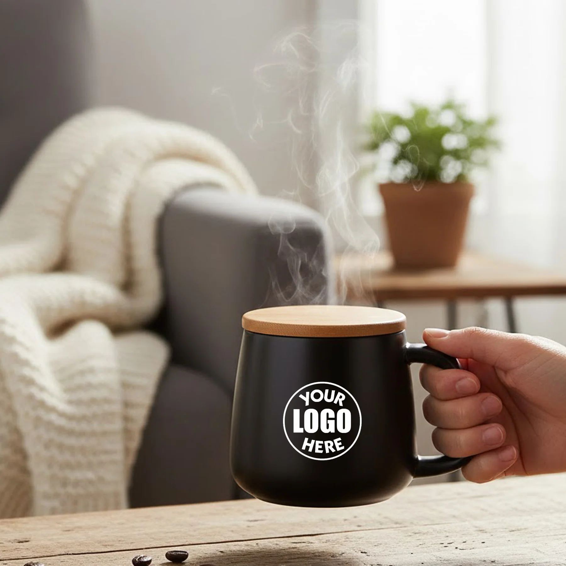 Custom Ceramic Coffee Cup With Bamboo Lid